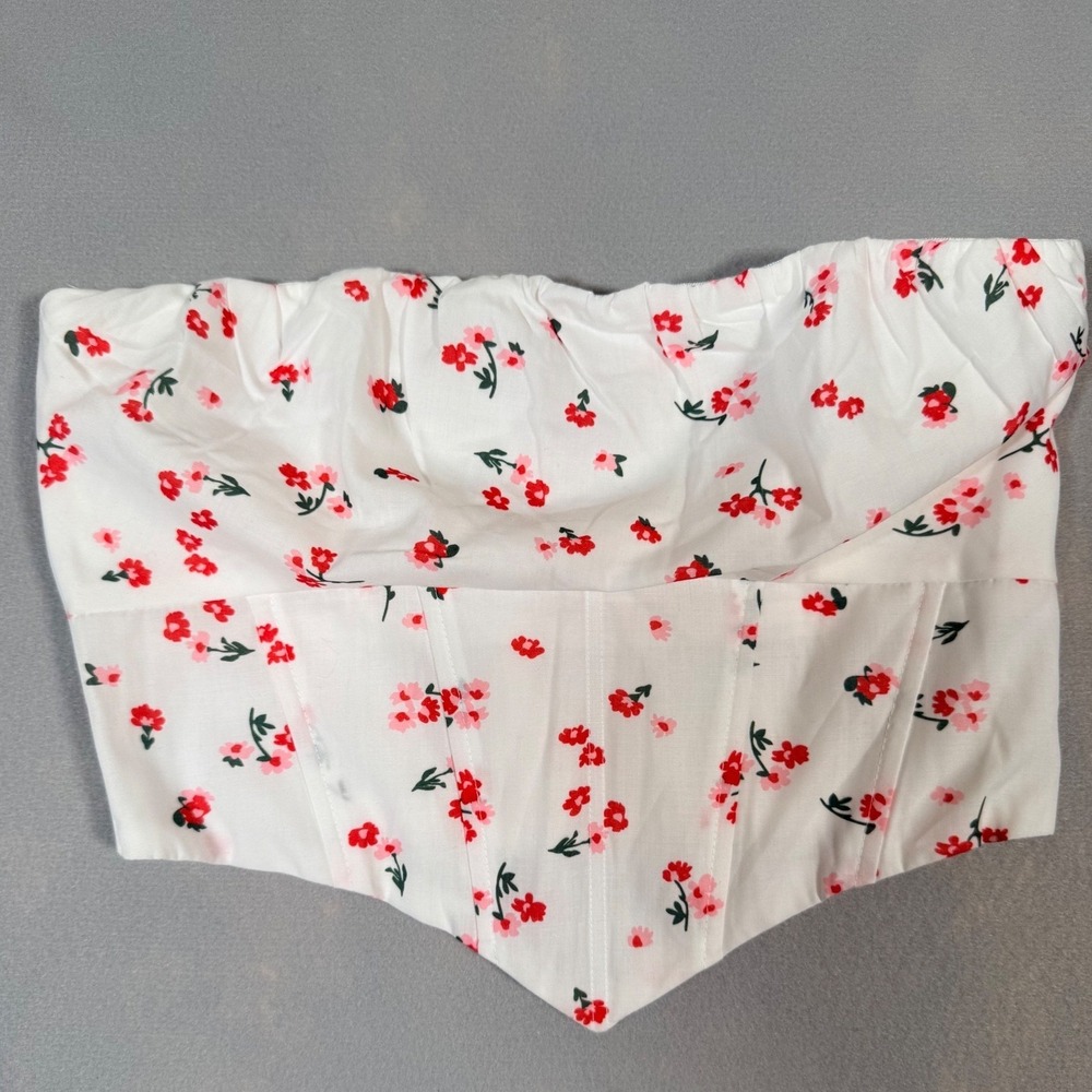 Princess Polly Floral Corset Tube Top White Red Ditsy Strapless Pointed Hem Sz 8